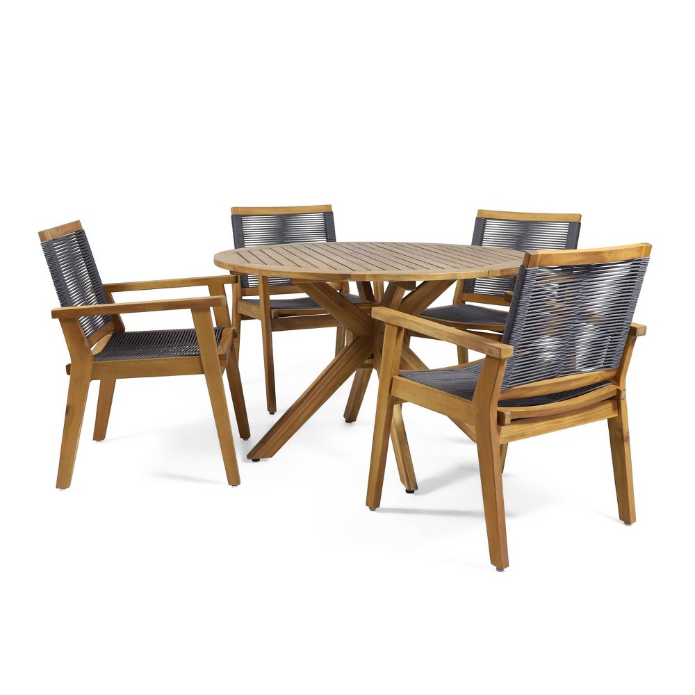 Mcgill 5pc Patio Acacia Wood Dining Set - Teak/Dark Gray - Christopher Knight Home: Outdoor Elegance with Rope Weave Chairs & Round Table -  82032002