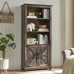 AMERLIFE Farmhouse 5 Shelf Bookshelf Storage Cabinet with Adjustable Shelves & Barn Door, Rustic Oak Black - 1 of 3