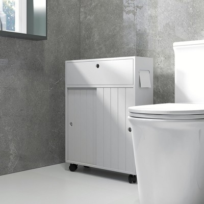 White Slim Bathroom Cabinet with Adjustable Shelving and Wheels