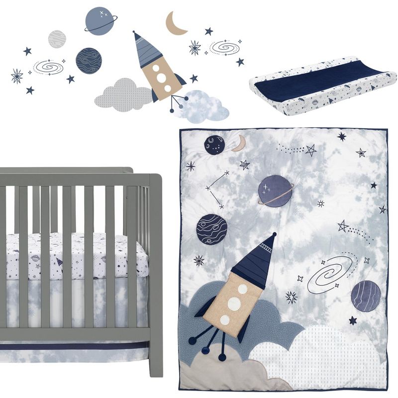 Lambs & Ivy Sky Rocket 5-Piece Blue Galaxy/Space Nursery Baby Crib Bedding Set, 1 of 10