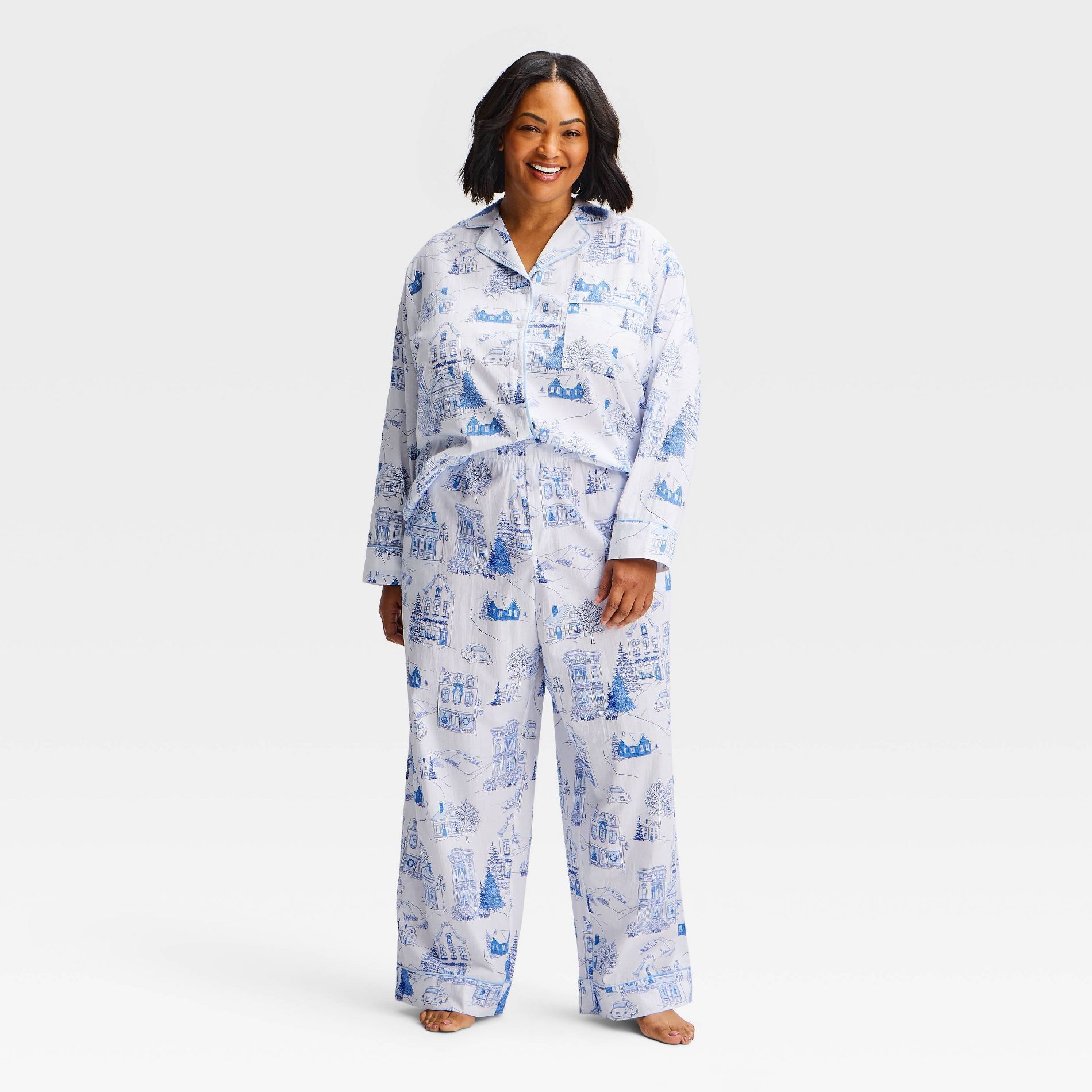 Women's Long Sleeve Cotton Poplin Notch Collar Top and Pants Pajama Set - Auden™