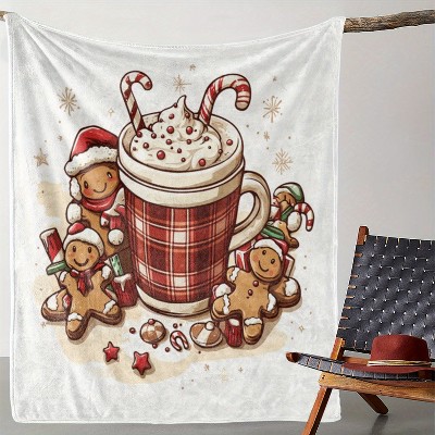 Vintage Gingerbread Man and Hot Chocolate Print Christmas Throw Blanket, Comfortable Soft Cozy for Couch Bed Office Travel.