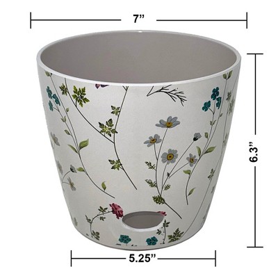 7" White and Multicolor Bamboo Fiber Self-Watering Pot