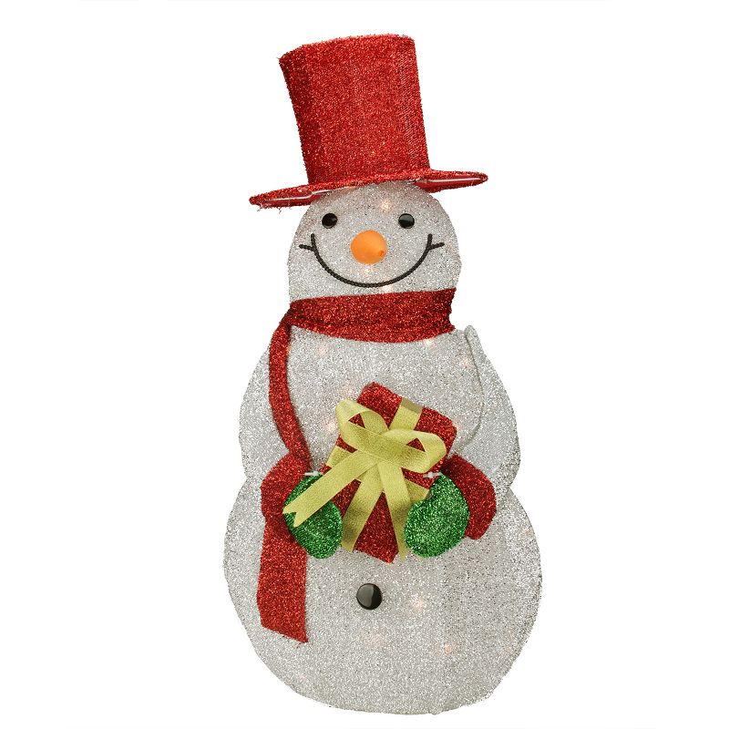 Northlight 32" Lighted Red and Silver Colored Tinsel Snowman with Gift Christmas Outdoor Decoration, 1 of 3