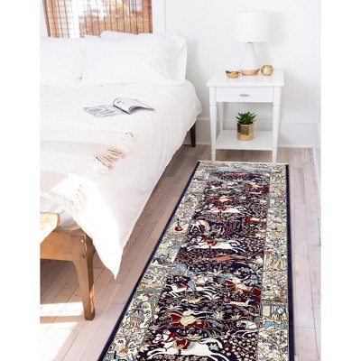 Navy Blue and Tan Floral Synthetic Runner Rug