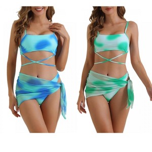 INSPIRE CHIC Women's Adjustable Spaghetti Straps Strappy Triangle Bottoms with Mesh Skirt Bathing Bikini Suit 2 Sets - 1 of 4