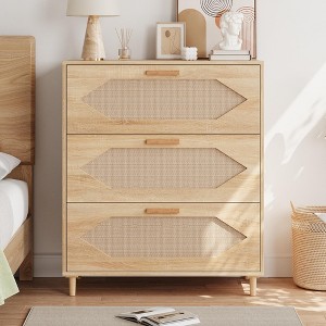 3 Drawer Rattan Dresser for Bedroom, Rattan Modern Dresser Wood Chest of Drawers, Wooden Storage Cabinets - 1 of 4
