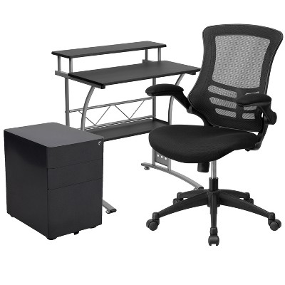 Flash Furniture Work From Home Kit - Black Computer Desk, Ergonomic Mesh Office Chair and Locking Mobile Filing Cabinet with Side Handles