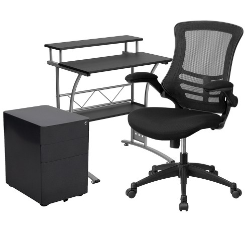 Flash Furniture Work From Home Kit Black Computer Desk Ergonomic Mesh Office Chair And Locking Mobile Filing Cabinet With Side Handles Target