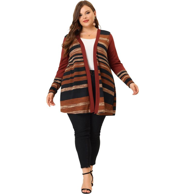 Agnes Orinda Women's Plus Size Long Open Front Striped Sweater Knit Cardigans, 3 of 6