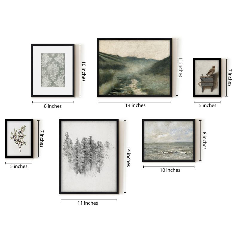 Americanflat 6 Piece Vintage Gallery Wall Art Set - Tree Study, Foggy Stream, Muted Ocean, Green Damask Textile, Goldfinch by Maple + Oak, 4 of 6