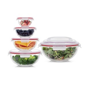 JoyFul by JoyJolt Kitchen Mixing Bowls. 5pc Glass Bowls with Lids Set – Neat Nesting Bowls - Red - 1 of 4