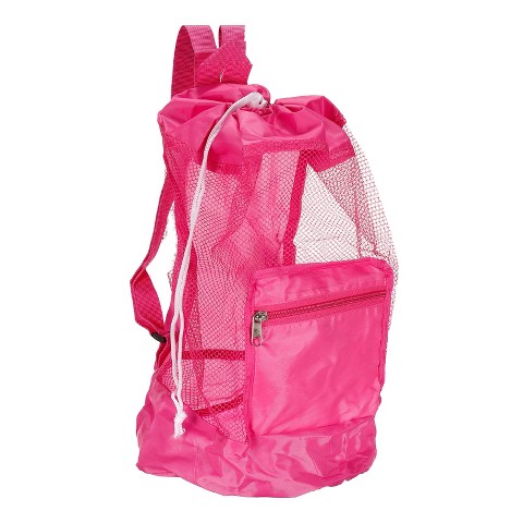 Unique Bargains Drawstring Portable Washable Large Storage Mesh Backpack Pink