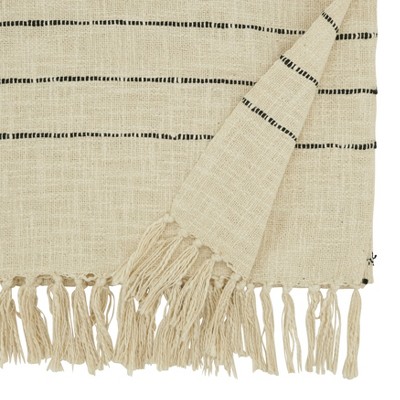 Off-White Cotton Dash Line Table Runner with Tassels