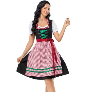 Women's 3 Piece Vintage Dress Costume Black Dress White Crop Top Pink Gingham Apron Cosplay Party Outfit - 1 of 4