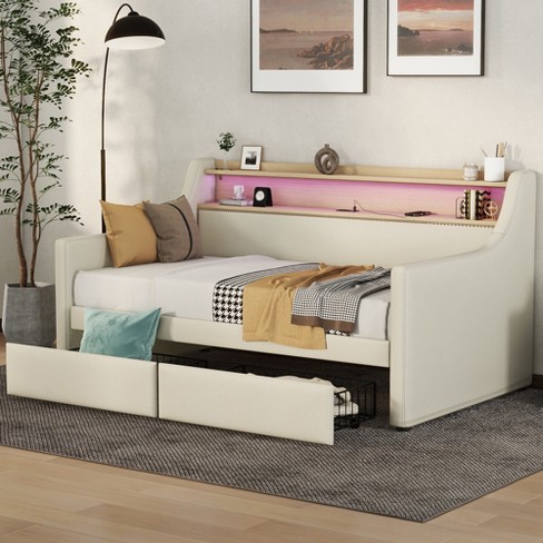 Twin Size Daybed with Storage Drawers, Upholstered Daybed with Charging Station and LED Lights - image 1 of 4