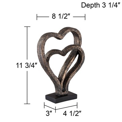 Aged Bronze Interlocking Hearts 12" Statue on Black Base