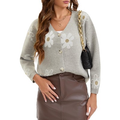 INSPIRE CHIC Women's Floral V Neck Button-Down Open Front Long Sleeve Knit Sweaters