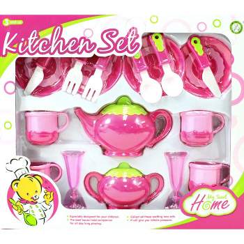 Link Ready! Set! Play!18 Piece Deluxe Pink Tea Set For Kids With Tea Pots, Cups, Dishes And Kitchen Utensils