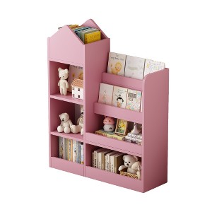 Zevemomo 4 Tier Kids Bookshelf and Toy Storage, Wooden Children Bookshelf, Toy Storage with Bookshelf for Playroom, Classroom, Bedroom, Library, Pink - 1 of 4