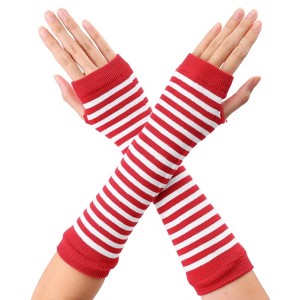 Allegra K Women's Stripe Print Knitted Fingerless Elbow Length Gloves Warmers One Size 1 Pair - 1 of 4