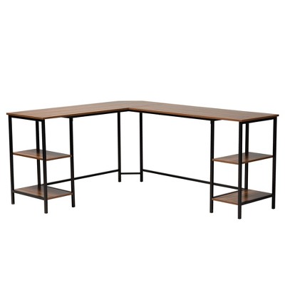 Lydia Modern Walnut Brown Wood L-Shaped Corner Desk with Metal Frame