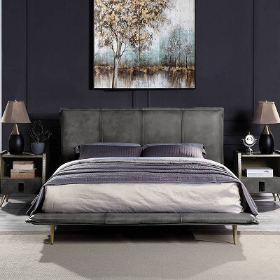 Metis Gray Top Grain Leather Upholstered Queen Bed with Metal Legs