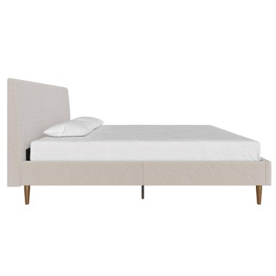Ivory Velvet Full Upholstered Bed with Tufted Headboard and Slats