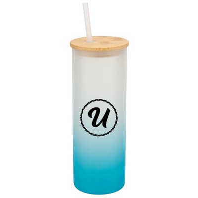 Elanze Designs U Monogram Letter Initial Rope Circle Wrap-Around Design 25 Ounce Frosted Gradient Glass On-The-Go Coffee Travel Skinny Tumbler Mug