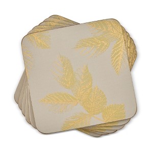 Sara Miller Etched Leaves Coasters - Set of 6 Light Grey Cork Backed Drink Mats with Gold Foil Details - Heat Resistant Wipe Clean Tabletop Protectors - 1 of 4