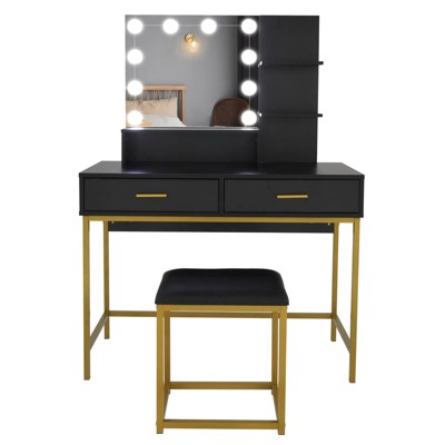 Large Vanity Set with 10 LED Bulbs, Makeup Table with Cushioned Stool, 3 Storage Shelves 2 Drawers, Dressing Table Dresser Desk for Women