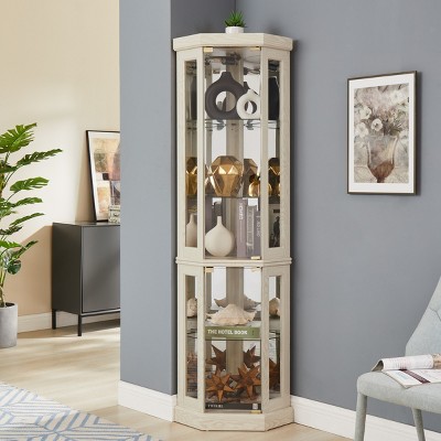 FURNIinspire Utility Storage Cabinets Tall Glass Cabinet, Antique Corner Cabinet, Display Case Showcase For Collection, White, 15.31"*15.31"*69.84"