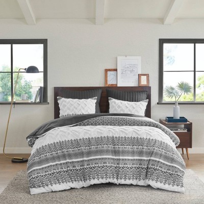 Mila Gray Cotton King Duvet Cover Set with Chenille Tufting