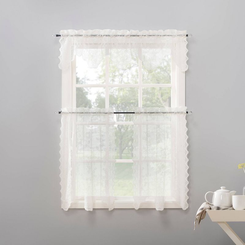 Set of 2 Alison Floral Lace Sheer Rod Pocket Kitchen Curtain Tier - No. 918, 4 of 10