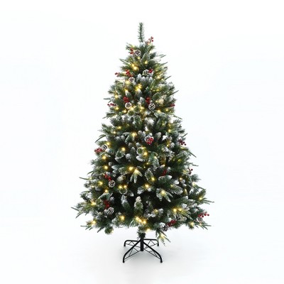LuxenHome 6Ft Pre-Lit Artificial Pine Christmas Tree with Frosted Tips, Pinecones, and Red Berries