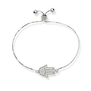 Bella Silver Sterling Silver Box Chain with Center CZ Hamsa with Beads Adjustable Bolo Bracelet - Silver - 10 Inch - 1 of 2
