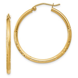 Black Bow Jewelry 2mm x 30mm 14k Yellow Gold Satin & Diamond-Cut Round Hoop Earrings - 1 of 4