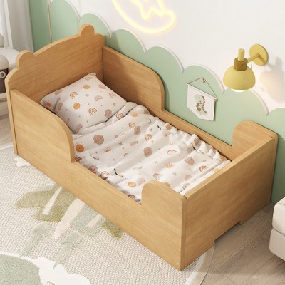 DOMETOUR Toddler Floor Bed Frame, Cot Bed for Boys and Girls Ages 3-6, Bear Shape Toddler Bed, Natural