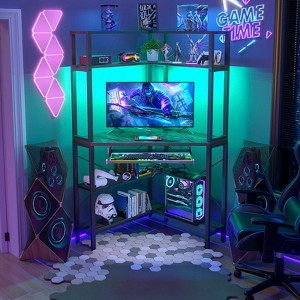 Aheaplus Small  Computer Desk with Hutch, Corner Home Office Desk with LED Lights & Power Outlets, Gaming Desk with Keyboard Tray - 1 of 4