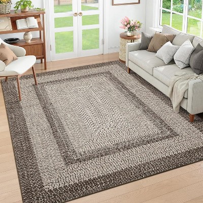 Area Rug Braided Printed Throw, Non-Slip Low Pile Accent Carpet, Foldable Soft Floor Cover for Bedroom or Living Room, Mocha