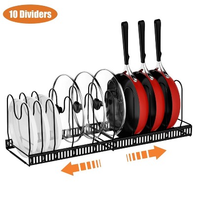 BRINJOY Expandable Pots and Pans Lid Organizer Rack, Kitchen Cabinet Pantry Bakeware Organizer and Storage Holder with 10 Adjustable Compartments