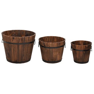 vidaXL Set of 3 Wooden Bucket Planters in Distinct Sizes, Made of Durable Solid Fir Wood with Drainage Hole