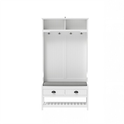 Lirago 3-in-1 Hallway Hall Tree with 2 Drawers & 4 Coat Racks-Wooden Shoe Bench with Cushion for Entryway White 16.5"D * 34.5"L  * 68"H