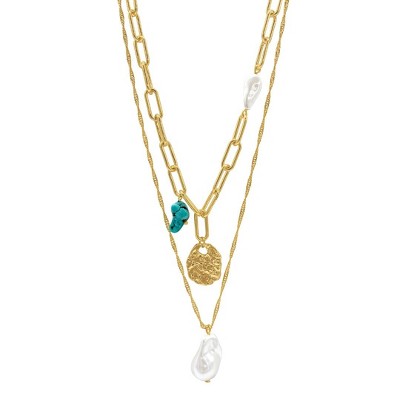 Adornia 14k Gold Plated Pearl and Turquoise Stone Pendants Layered Necklace