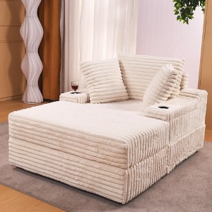 Oversized Chaise Lounge Sofa Chair with Storage Ottoman, Corduroy Single Sleeper Couch with Pillows and Cup Holders - 1 of 4