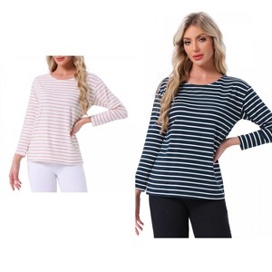 INSPIRE CHIC Women's 2 Pcs Cotton Contrast Stripe Pullover Top Long-Sleeve Lounge Pajama Blouse - 1 of 4