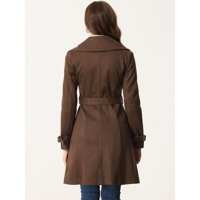 Allegra K Women's Faux Suede Notched Lapel Strap Cuff Solid Double Breasted Tie Belt Trench Coat Coffee Medium — фото 4