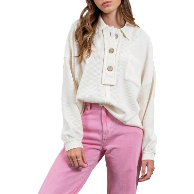 August Sky Women's Spread Collar Half Button Up Knit Pullover