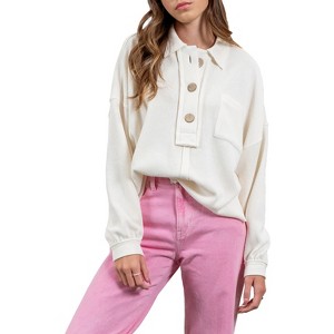 August Sky Women's Spread Collar Half Button Up Knit Pullover - 1 of 3