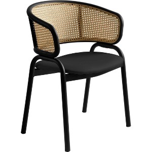 LeisureMod Ervilla Wicker Back Dining Chair with Leather Seat and Black Steel Frame, Comfortable Seating for Dining Rooms and Kitchens - 1 of 4